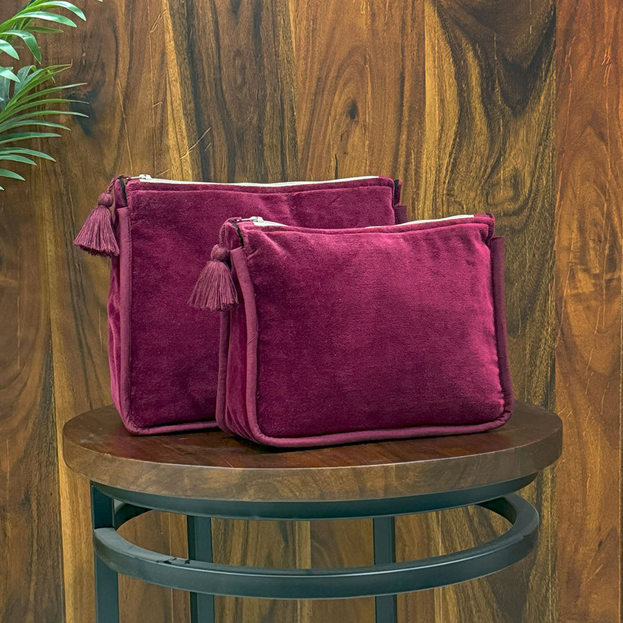 Velvet Cosmetic Bag – Small, Large, or Set of 2 | Handmade Washbags with Tassel Zipper | Cotton Lined