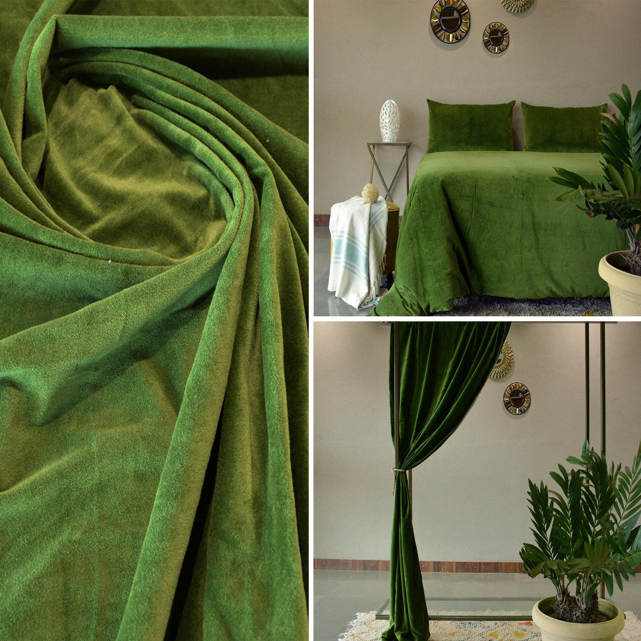 Luxury Moss green cotton Velvet Fabric by the meter.
