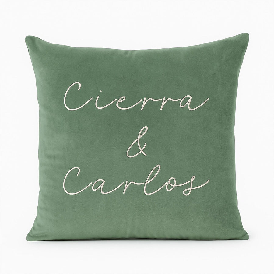 Personalized Velvet Cushion Cover – Custom Name Pillowcase in Sage Green – Wedding Gift, Couple Pillow, Soft Velvet Throw Pillow Cover