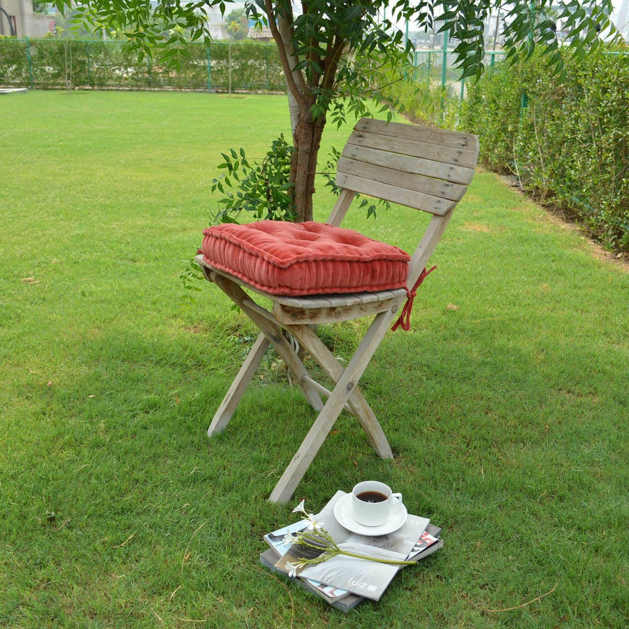 Burnt orange Cotton Velvet square Chair pad with ties