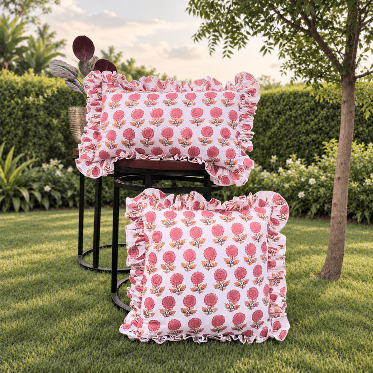 Block Print Ruffle Pillow Cover – Cotton Frill Cushion Cover, Rustic Decorative Throw Pillow Case for Bedroom, Sofa & Home Decor