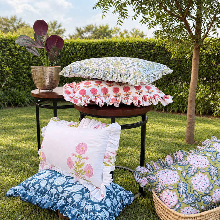 Ruffled Lumbar Pillow Cover | 100% Washed Cotton Hand Block Print Decorative Cushion Cover