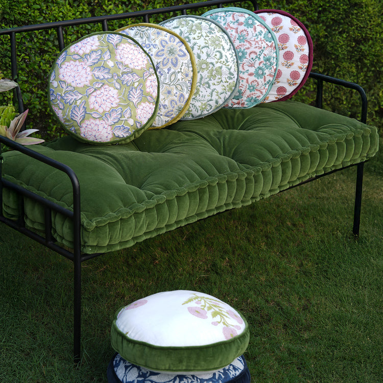 Hand Block Printed Round Cotton Chair Pad with Velvet Piping