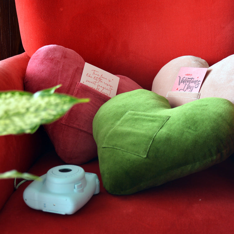 Velvet heart cushion with front pocket, 2 of 5