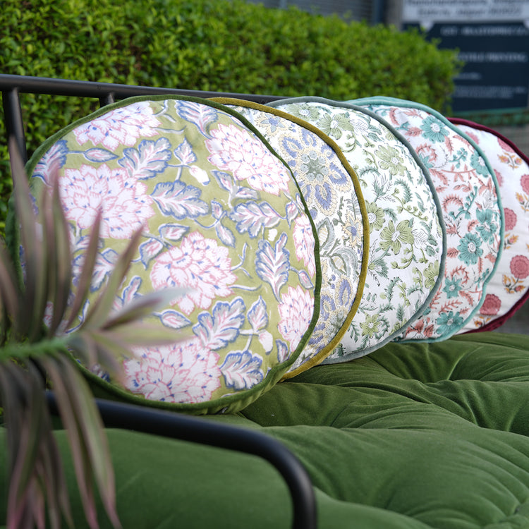 Hand Block Printed Round Cotton Chair Pad with Velvet Piping