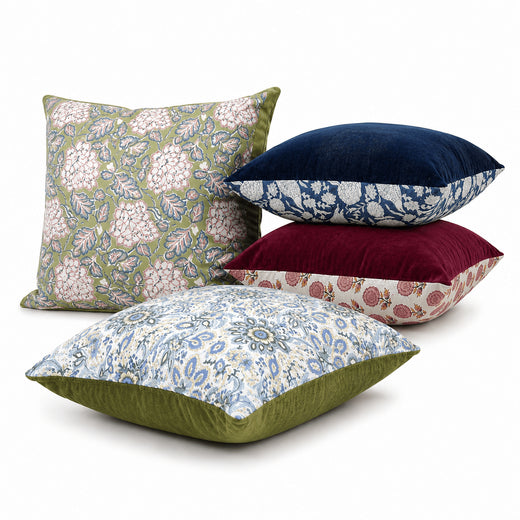 Reversible velvet pillow covers in Moss Green, Navy, and Mulberry with hand block print backing