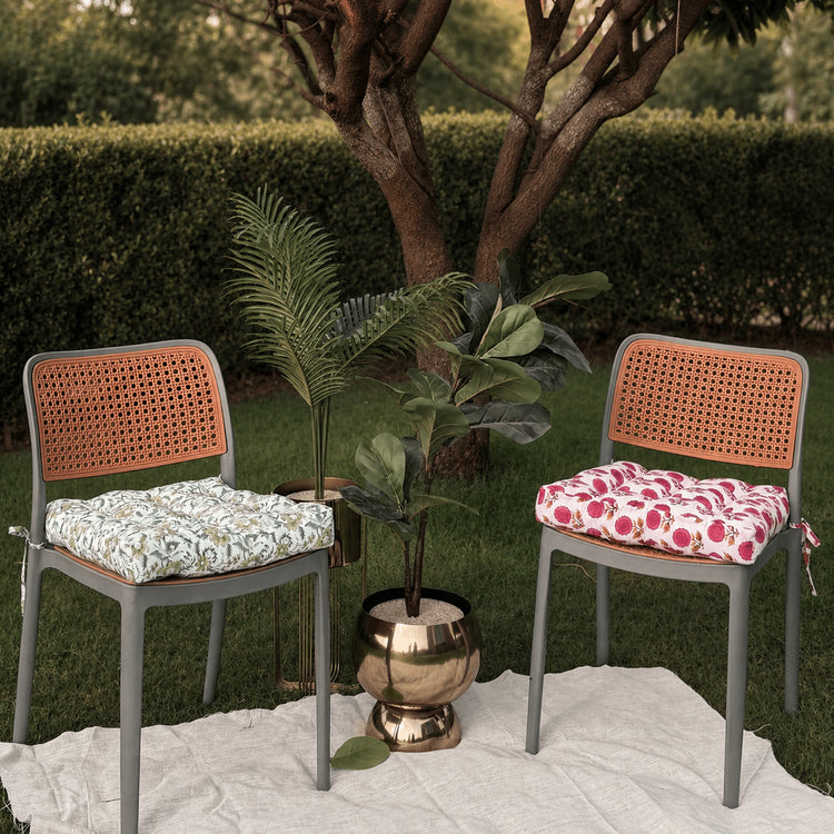 Floral Hand Block Print Chair Cushion with Ties – Handmade Botanical Seat Pad for Dining, Patio & Farmhouse Home Decor