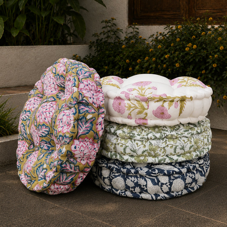 Moss Green Hand Block Print Round Chair Pad Cushion | Cotton Round Seat Pad | Floor Cushion | Outdoor Wicker Chair Cushion