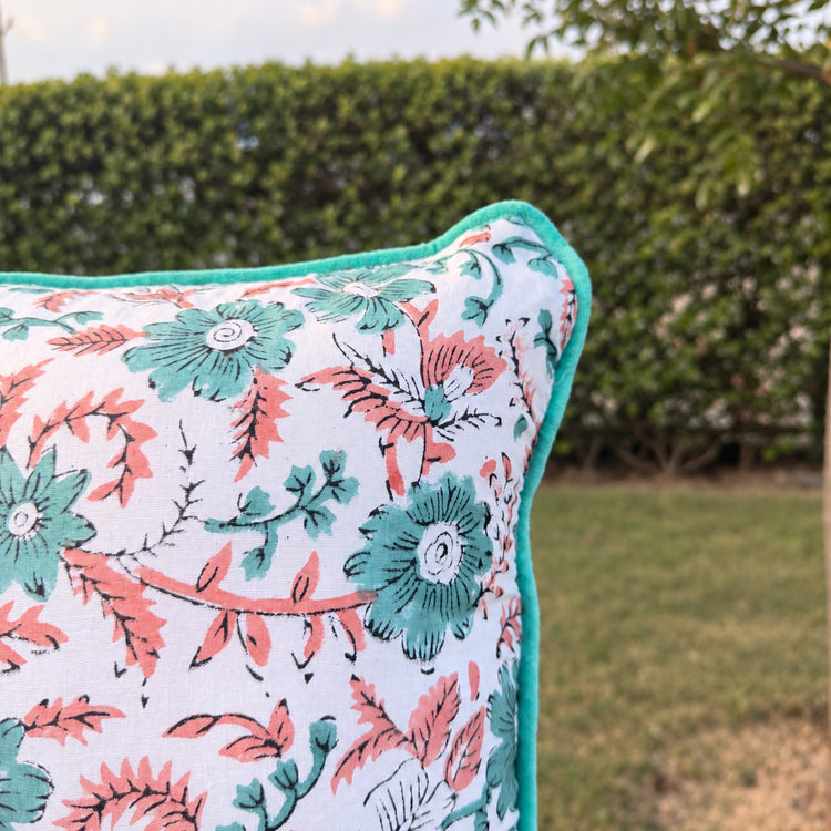 Floral Hand Block Print Cotton Lumbar Pillow Cover with Velvet Piping