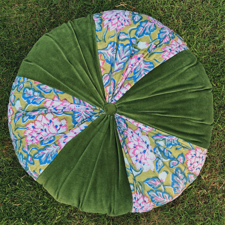 Moss Green Hand Block Printed round pleated Cushion pillow for seat pad for chair for stool