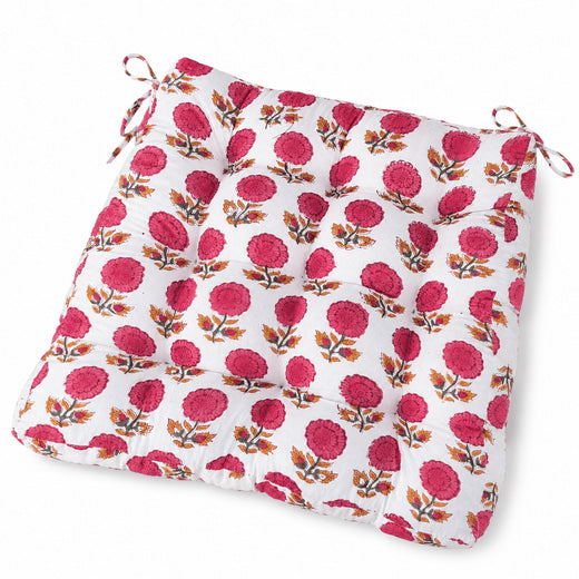 Mulberry floral hand-block-print cotton square chair pad with ties