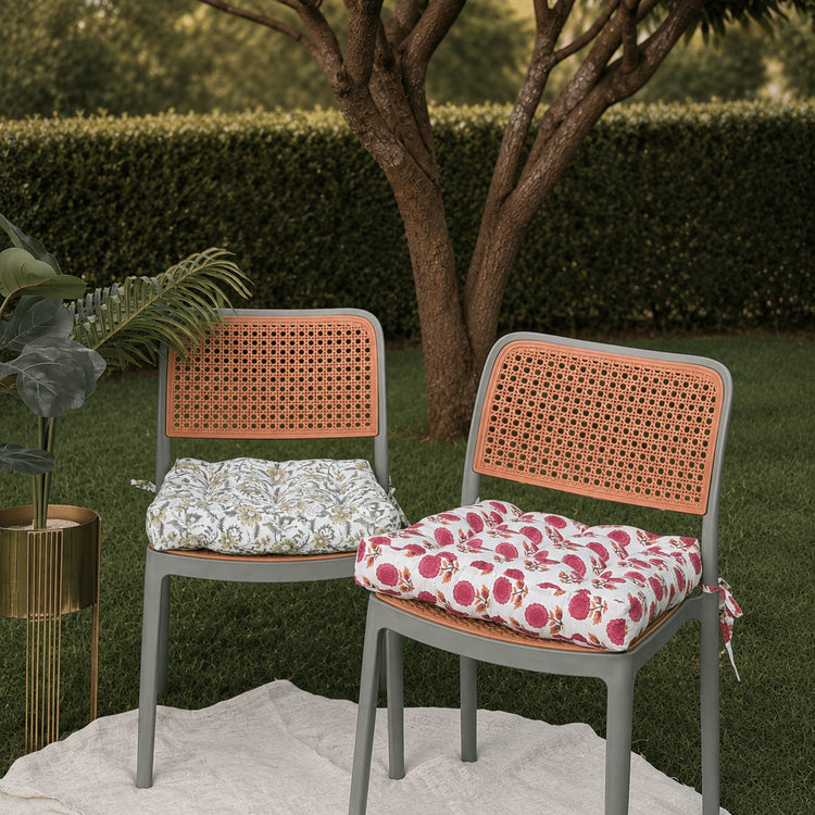 Floral Hand Block Print Chair Cushion with Ties – Handmade Botanical Seat Pad for Dining, Patio & Farmhouse Home Decor