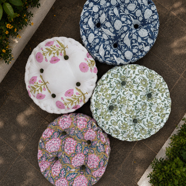 Moss Green Hand Block Print Round Chair Pad Cushion | Cotton Round Seat Pad | Floor Cushion | Outdoor Wicker Chair Cushion
