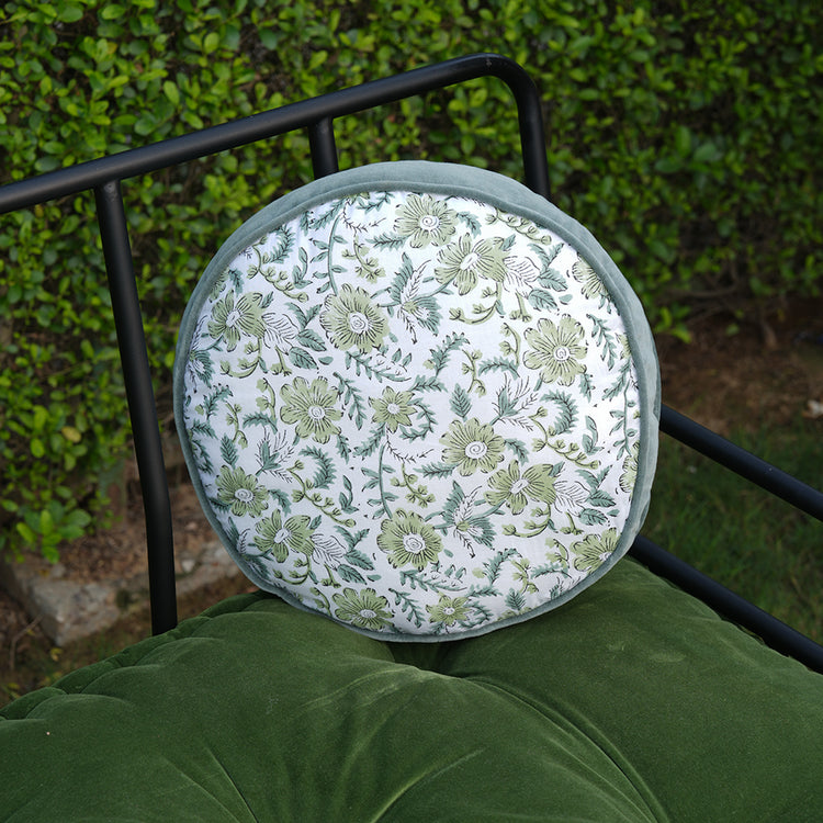 Hand Block Printed Round Cotton Chair Pad with Velvet Piping