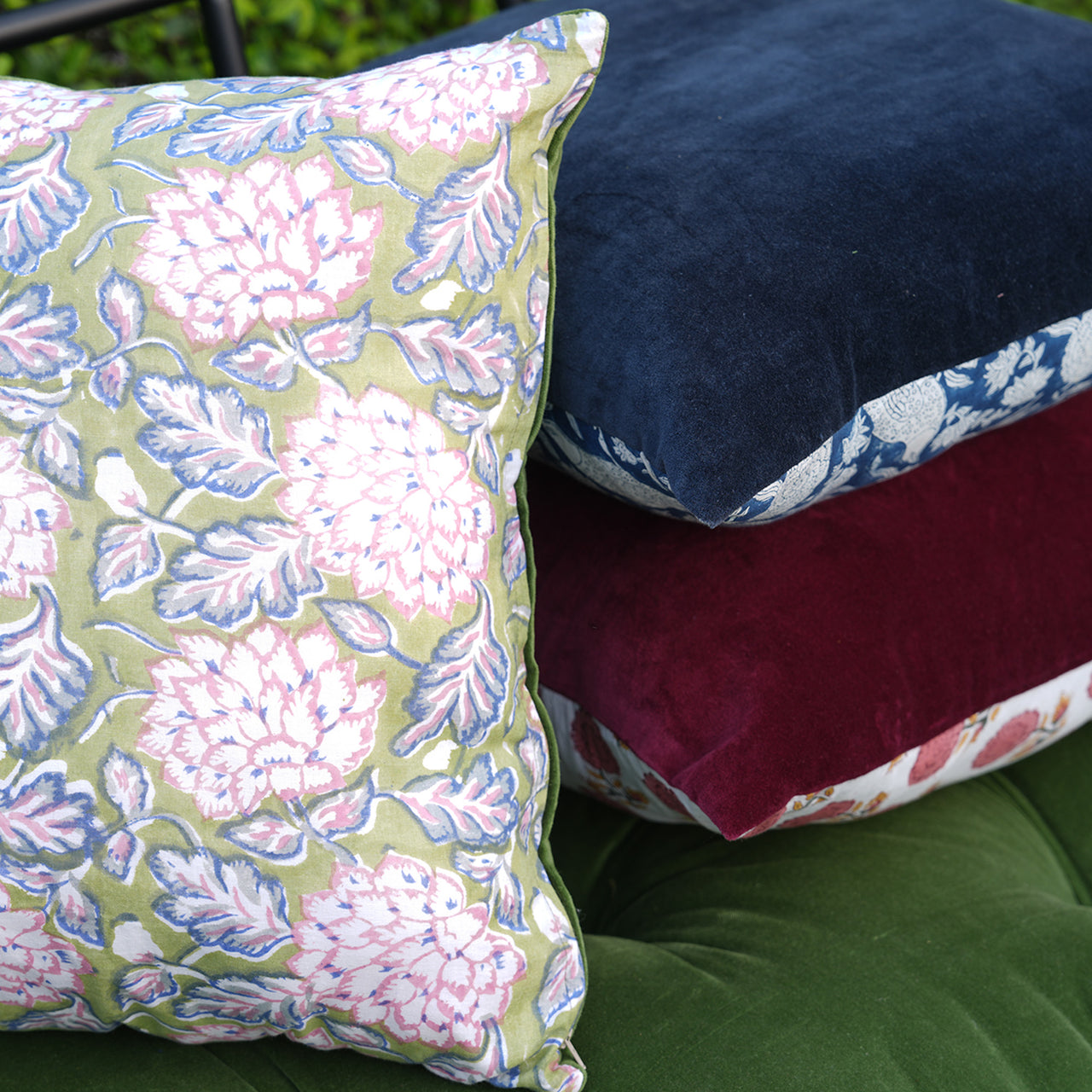 Reversible Velvet Pillow Cover, Handblock Cotton Cushion Case