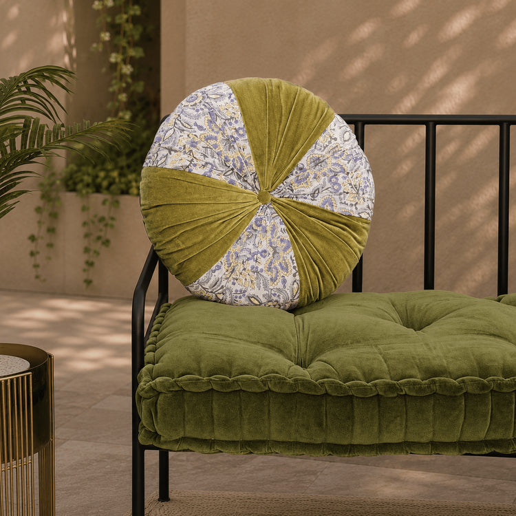 Hand Block Printed round pleated Cushion pillow for seat pad for chair for stool