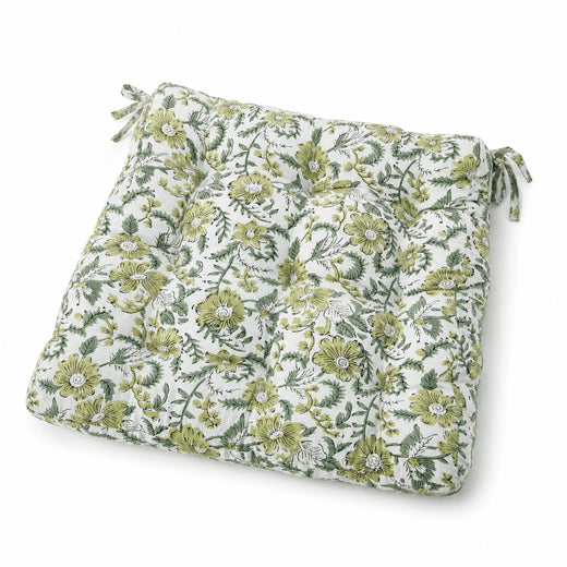 Sage floral hand-block-print cotton square chair pad with ties