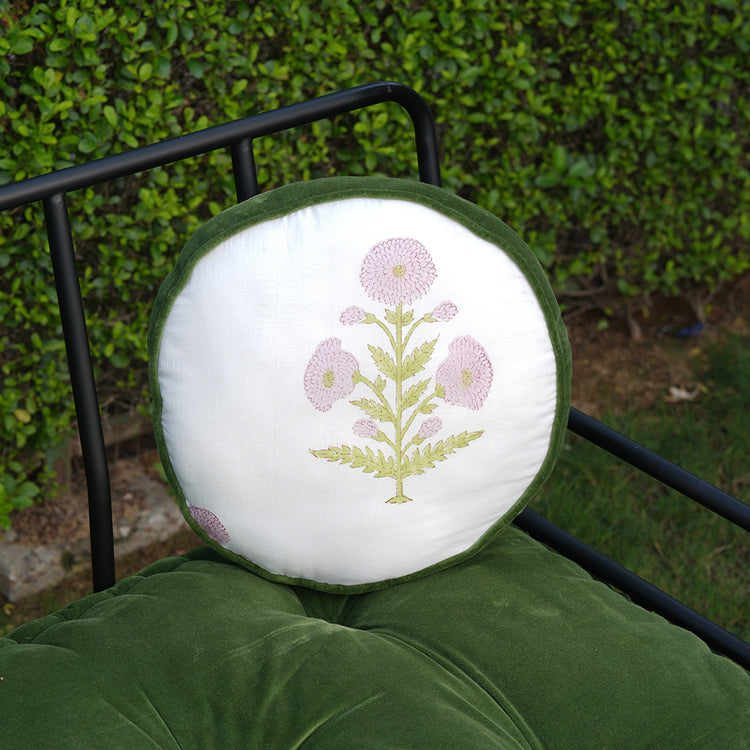 Hand Block Printed Round Cotton Chair Pad with Velvet Piping