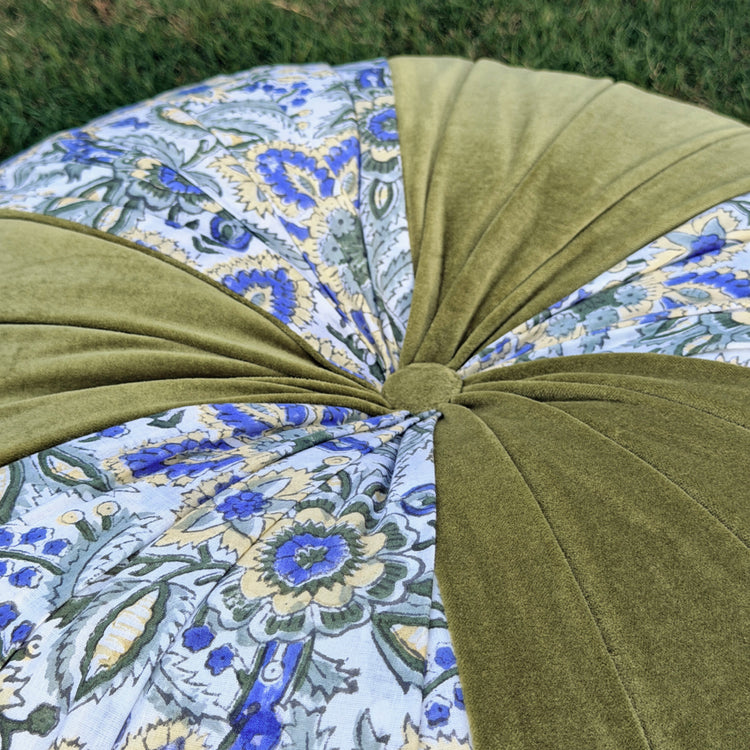 Dusty mustard Hand Block Printed round pleated Cushion pillow for seat pad for chair for stool (Copy)