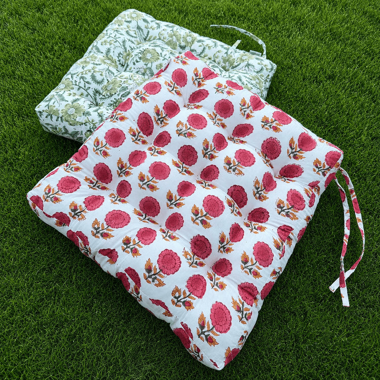 Floral Hand Block Print Chair Cushion with Ties – Handmade Botanical Seat Pad for Dining, Patio & Farmhouse Home Decor