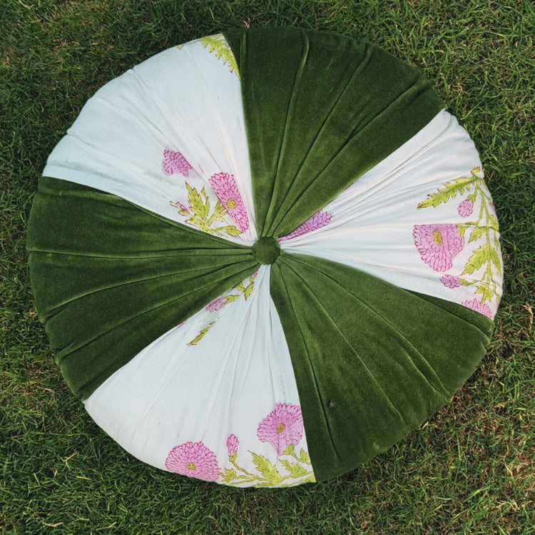 Moss Green Hand Block Printed round pleated Cushion pillow for seat pad for chair for stool (Copy)