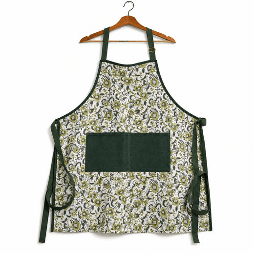 Sage Green Floral Vine Hand Block Print Apron with Velvet Pocket, Adjustable Straps
