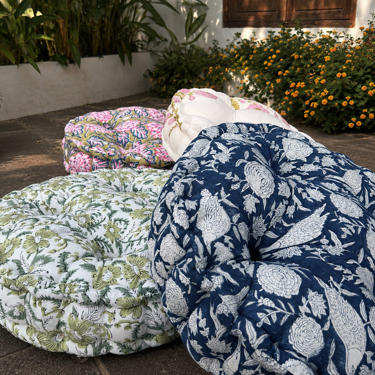 Moss Green Hand Block Print Round Chair Pad Cushion | Cotton Round Seat Pad | Floor Cushion | Outdoor Wicker Chair Cushion