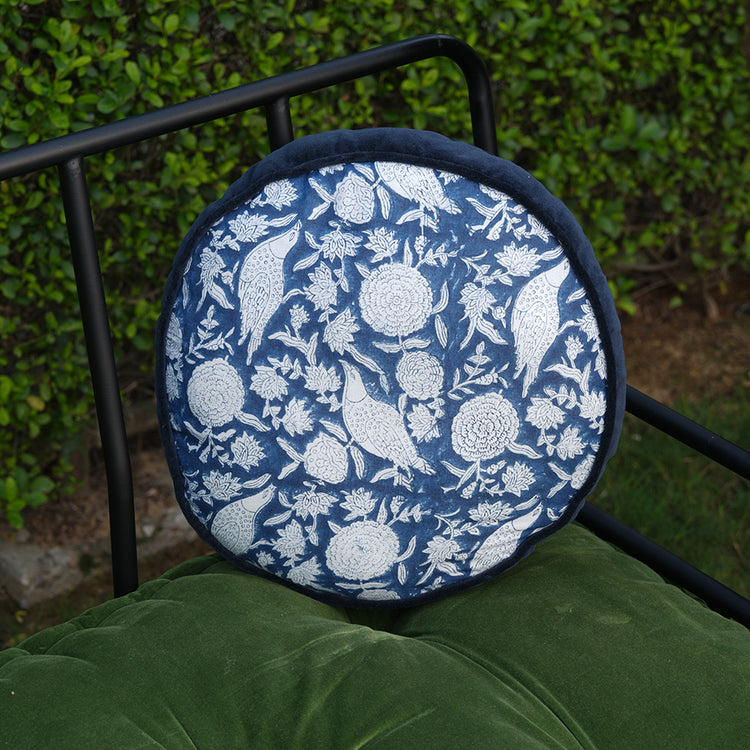 Hand Block Printed Round Cotton Chair Pad with Velvet Piping