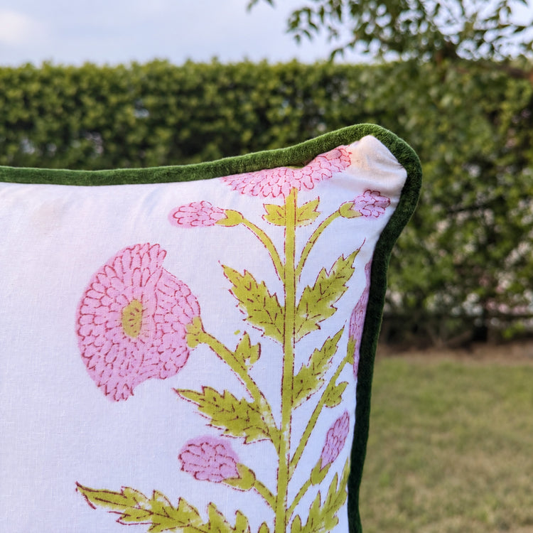 Floral Block Print Cotton Lumbar Cushion Cover with Velvet Piping | Custom Made