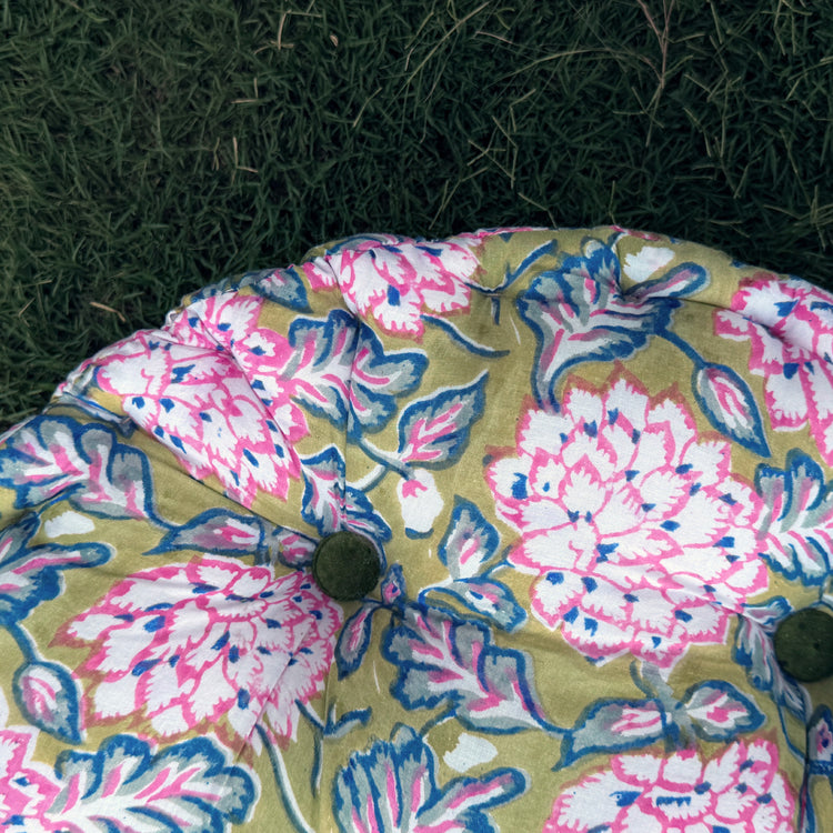 Moss Green Hand Block Print Round Chair Pad Cushion | Cotton Round Seat Pad | Floor Cushion | Outdoor Wicker Chair Cushion