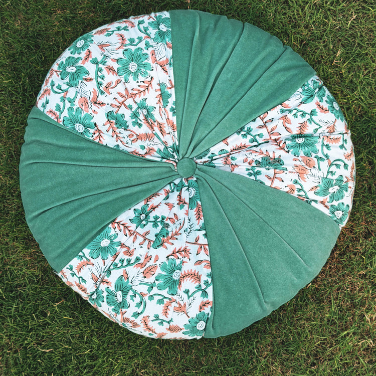 Aqua Hand Block Printed round pleated Cushion pillow for seat pad for chair for stool (Copy)