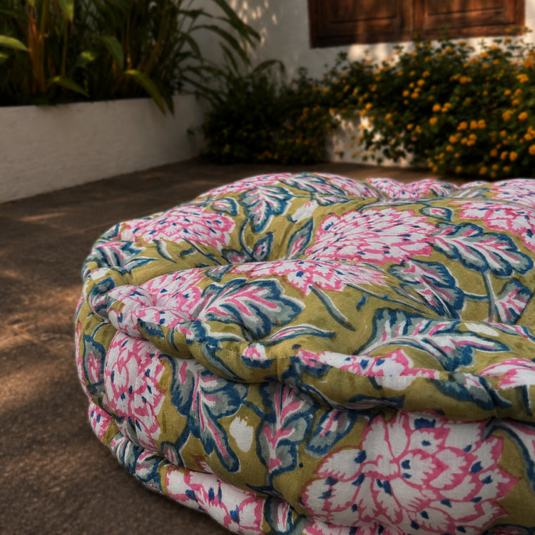 Moss Green Hand Block Print Round Chair Pad Cushion | Cotton Round Seat Pad | Floor Cushion | Outdoor Wicker Chair Cushion