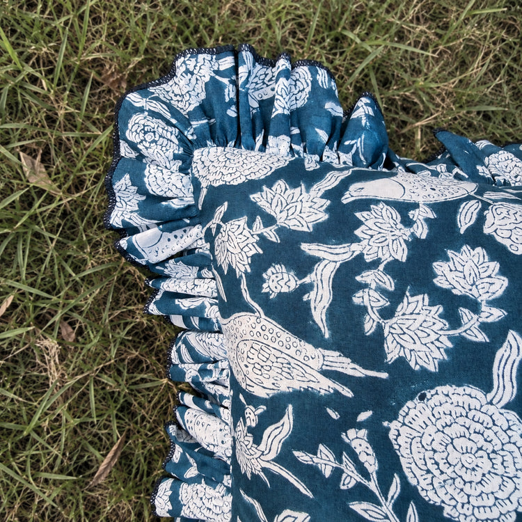 Ruffled Lumbar Pillow Cover | 100% Washed Cotton Hand Block Print Decorative Cushion Cover