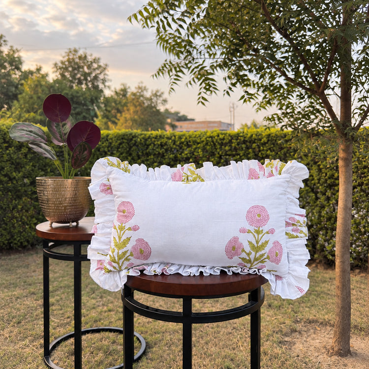 Ruffled Lumbar Pillow Cover | 100% Washed Cotton Hand Block Print Decorative Cushion Cover