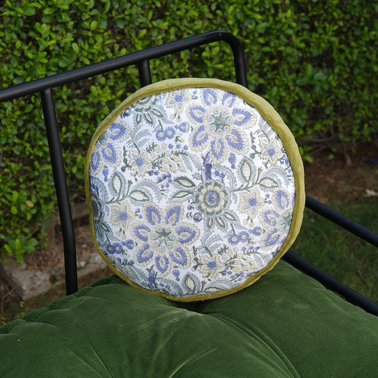 Hand Block Printed Round Cotton Chair Pad with Velvet Piping