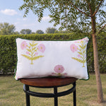 Thumbnail for Floral Block Print Cotton Lumbar Cushion Cover with Velvet Piping | Custom Made