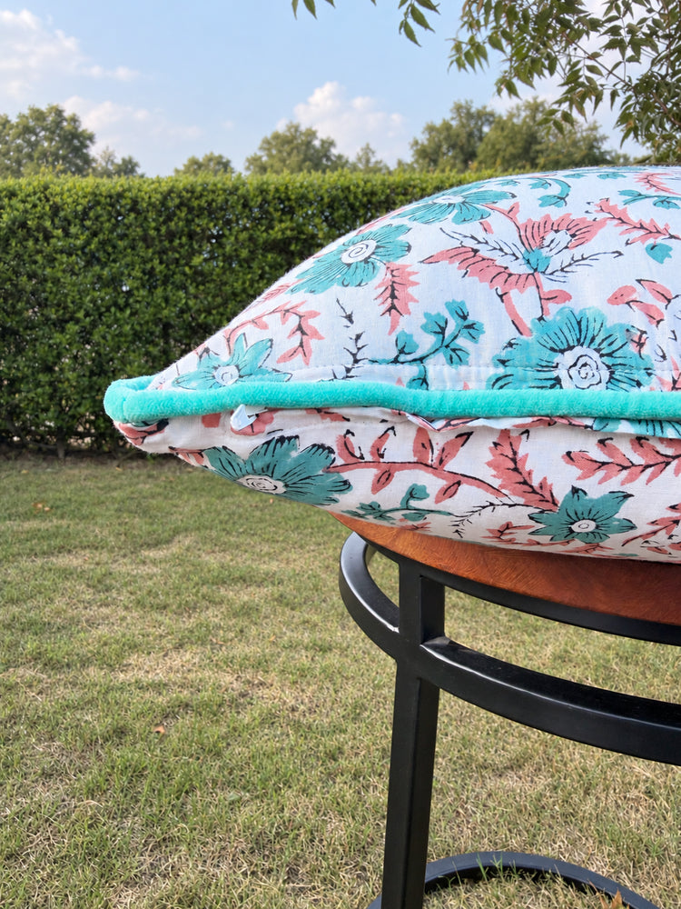 Floral Hand Block Print Cotton Lumbar Pillow Cover with Velvet Piping