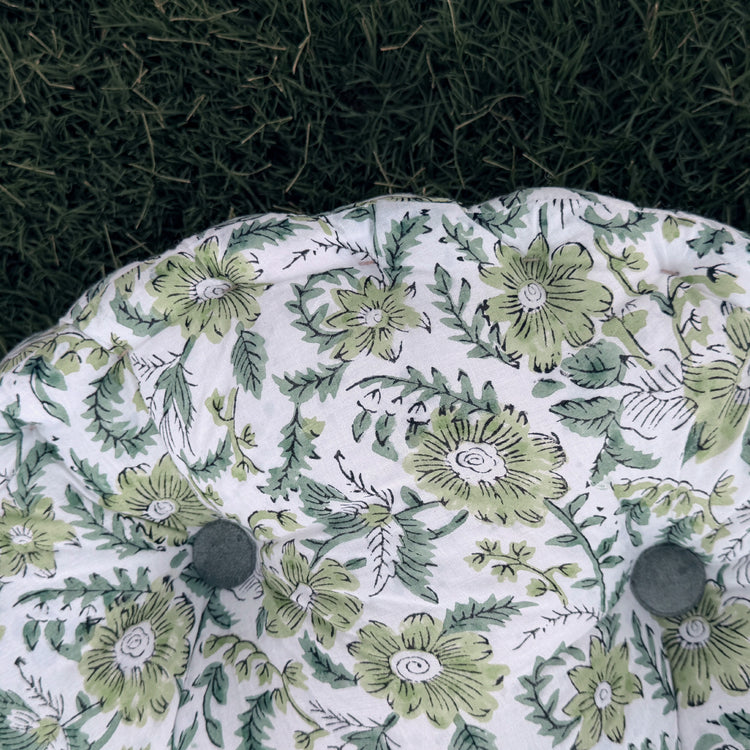 Round Chair Cushion with 4 Velvet Buttons | Handmade Cotton Seat Pad for Dining Chairs, Stools, Indoor & Outdoor Use