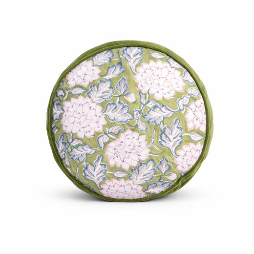 Hand Block Printed Round Cotton Chair Pad with Velvet Piping