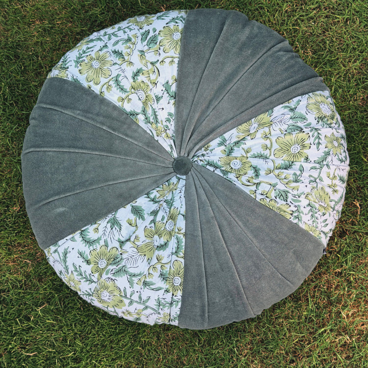 Sage Hand Block Printed round pleated Cushion pillow for seat pad for chair for stool