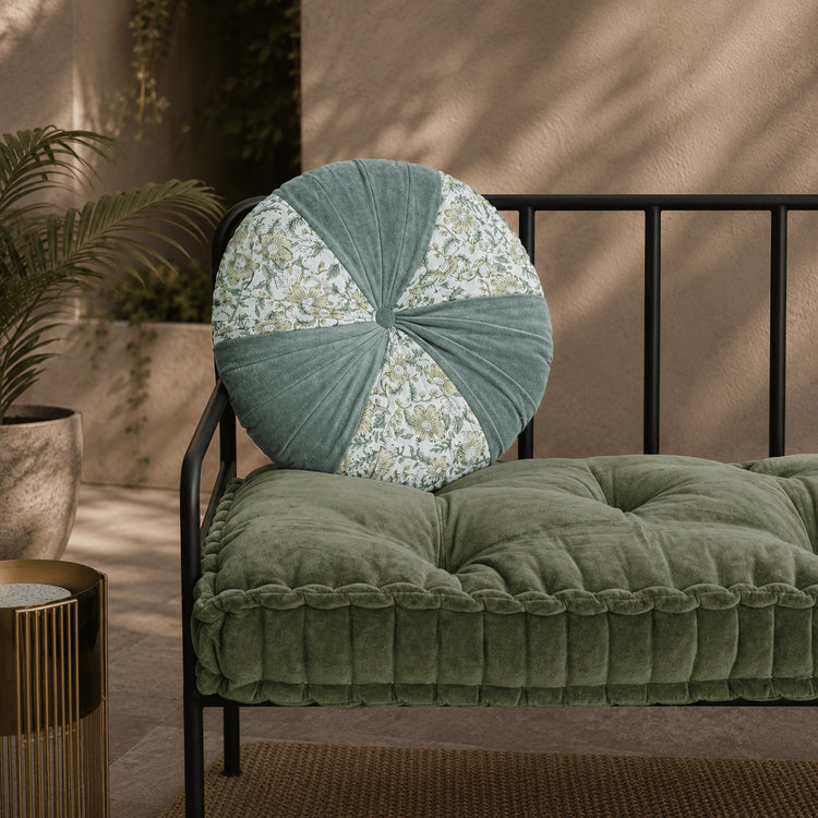 Sage Hand Block Printed round pleated Cushion pillow for seat pad for chair for stool