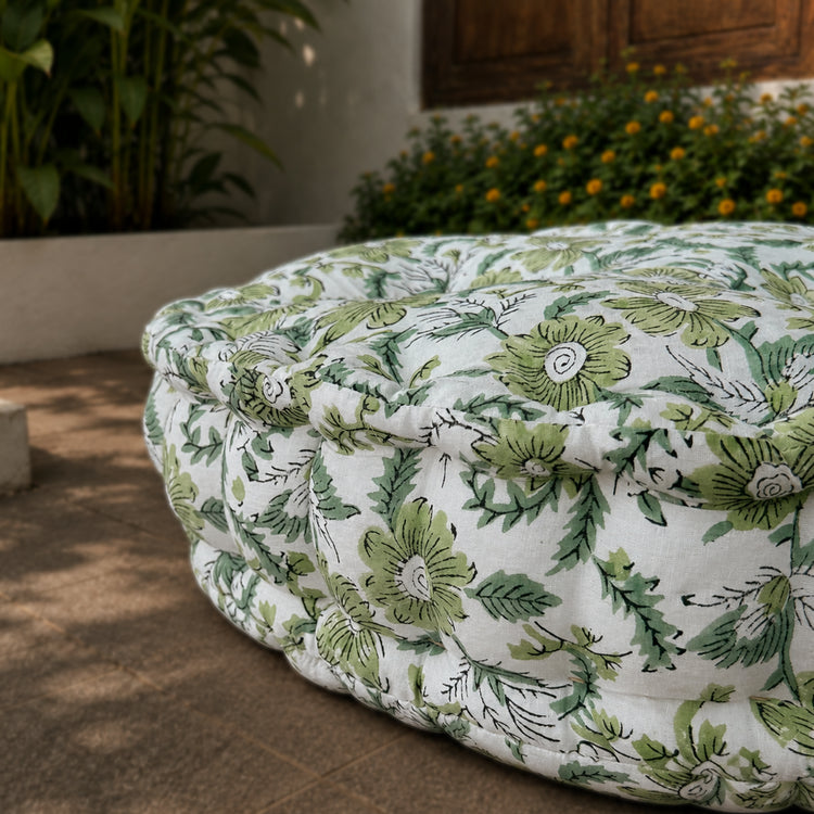Round Chair Cushion with 4 Velvet Buttons | Handmade Cotton Seat Pad for Dining Chairs, Stools, Indoor & Outdoor Use