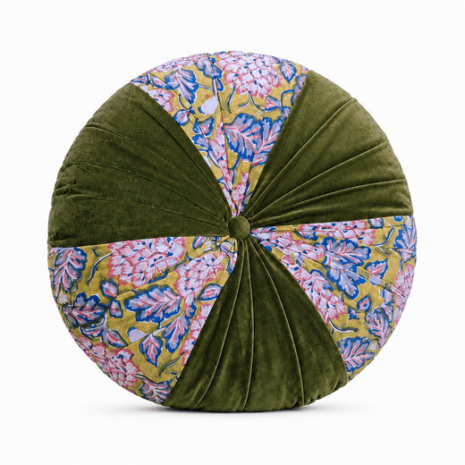 Moss Green Hand Block Printed round pleated Cushion pillow for seat pad for chair for stool