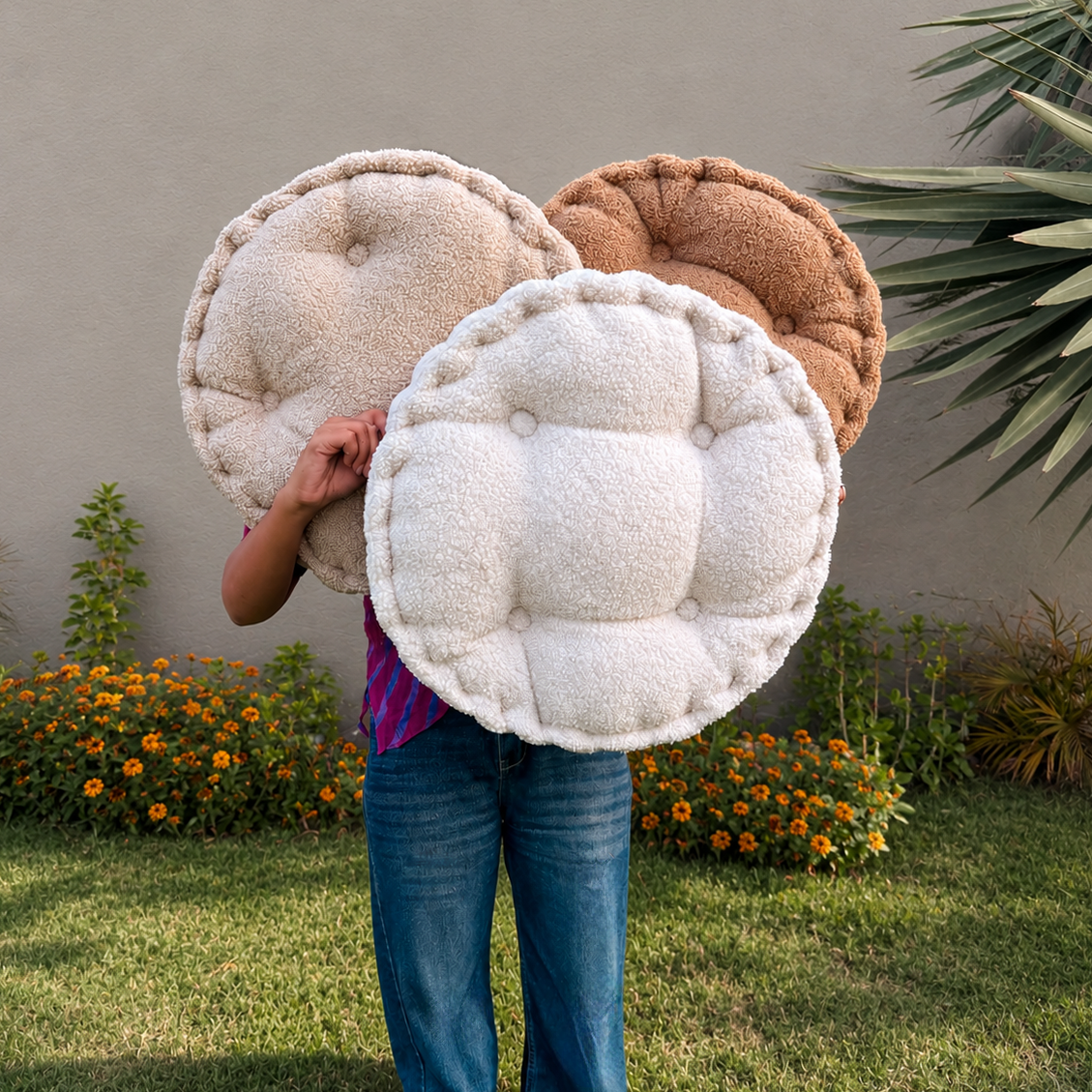 Round Boucle Floor Cushion | Tufted Seat Pad for Chairs, Reading Nooks & Cozy Spaces