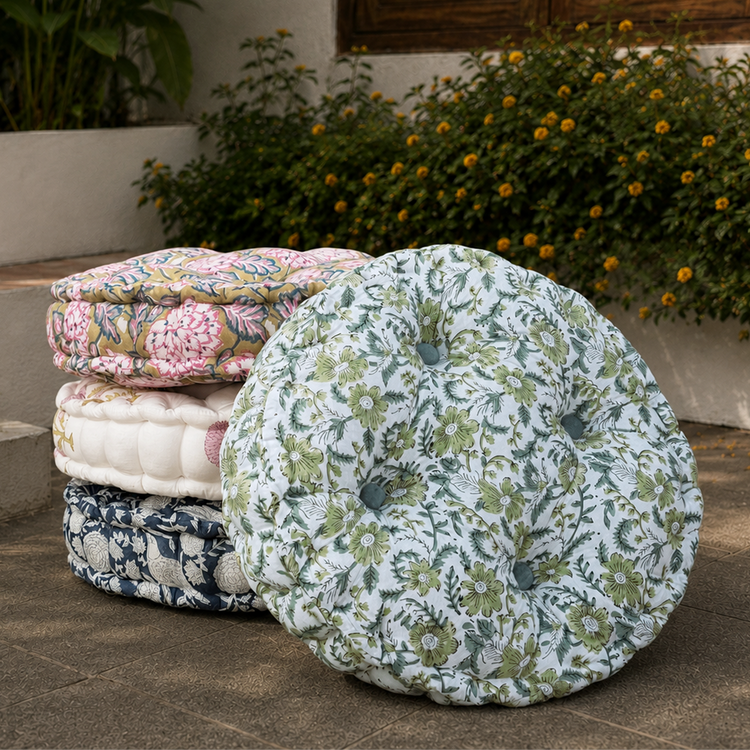 Hand Block Print Round Chair Pad Cushion | Tufted Cotton Seat Pad | Round Floor Cushion | Outdoor Wicker Chair Cushion