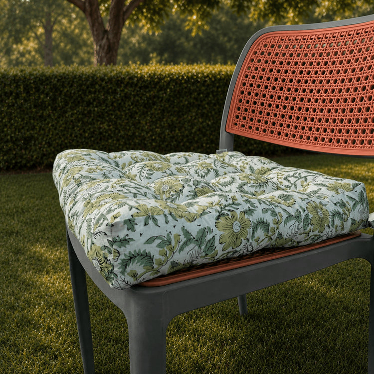 Floral Hand Block Print Chair Cushion with Ties – Handmade Botanical Seat Pad for Dining, Patio & Farmhouse Home Decor