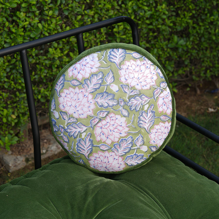 Hand Block Printed Round Cotton Chair Pad with Velvet Piping