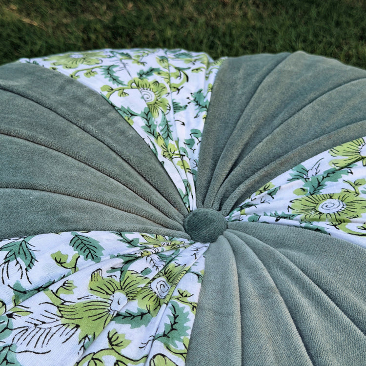 Sage Hand Block Printed round pleated Cushion pillow for seat pad for chair for stool