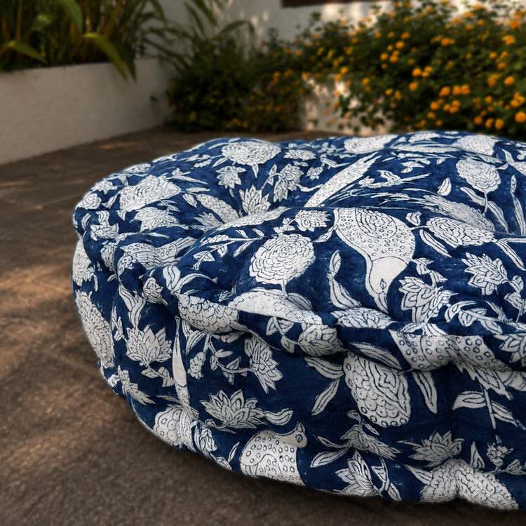 Hand Block Print Round Chair Pad Cushion | Tufted Cotton Seat Pad | Round Floor Cushion | Outdoor Wicker Chair Cushion