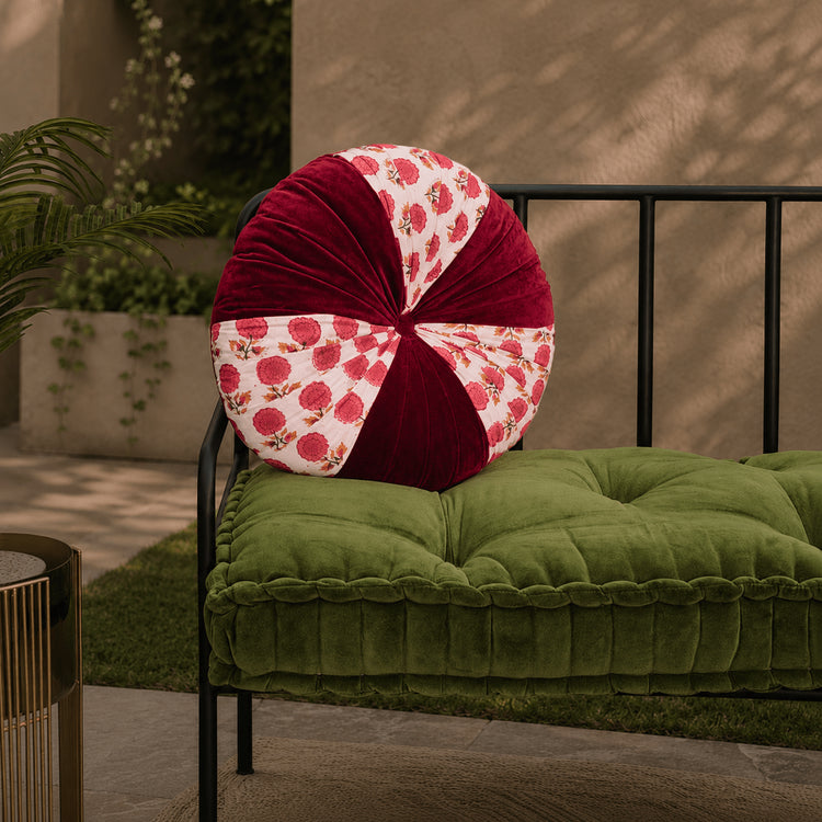 Hand Block Printed round pleated Cushion pillow for seat pad for chair for stool